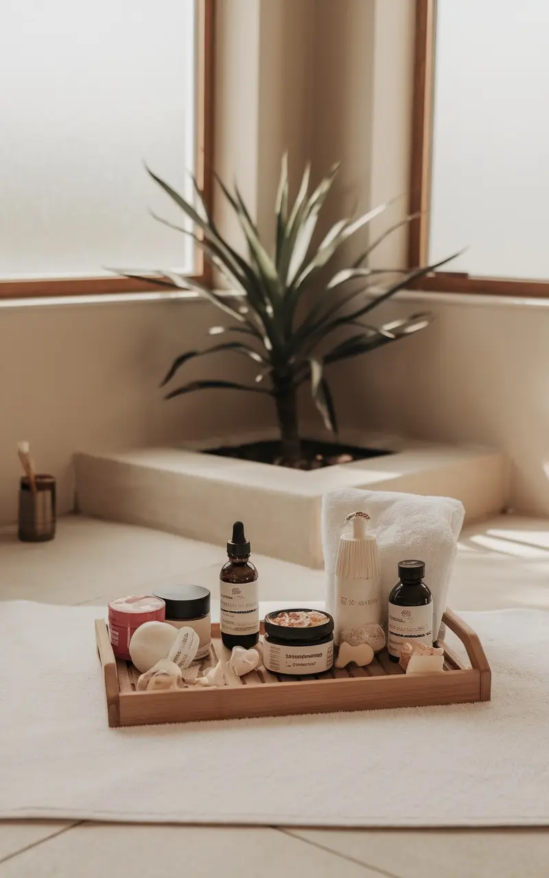 A soothing DIY Spa Day Kit featuring various skincare products arranged on a wooden tray.
