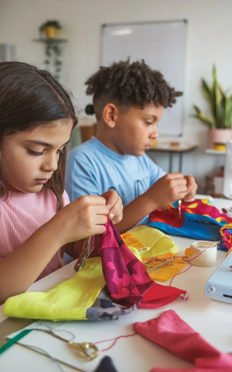 Two children sewing colorful fabric scraps to create keychains.