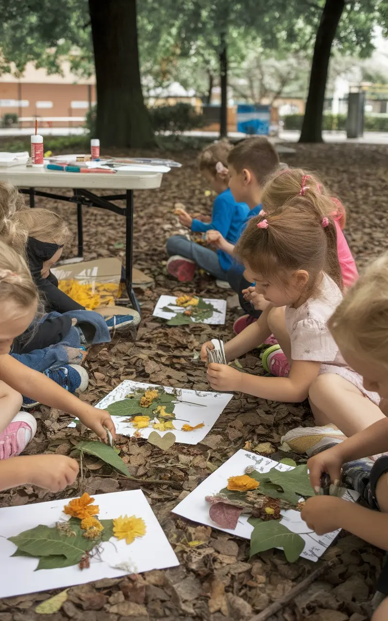 Children creating nature collages with leaves and flowers on paper.