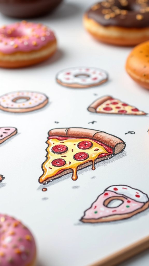 cheesy pizza colorful donuts