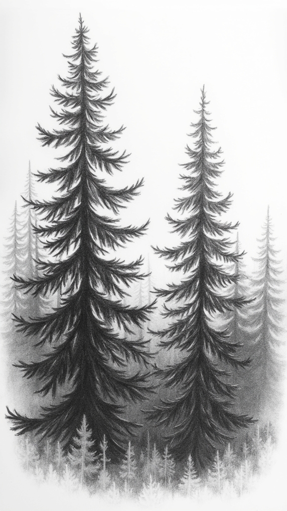 black and white tree sketching