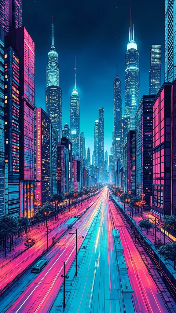 glowing neon city skyline