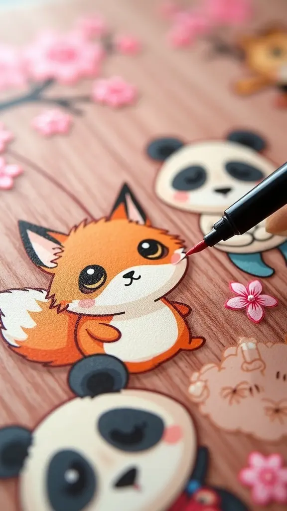 kawaii animals on wood