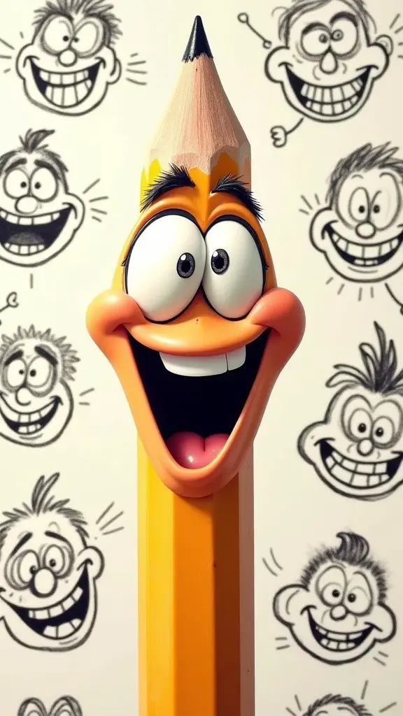 laughing cartoon pencil character