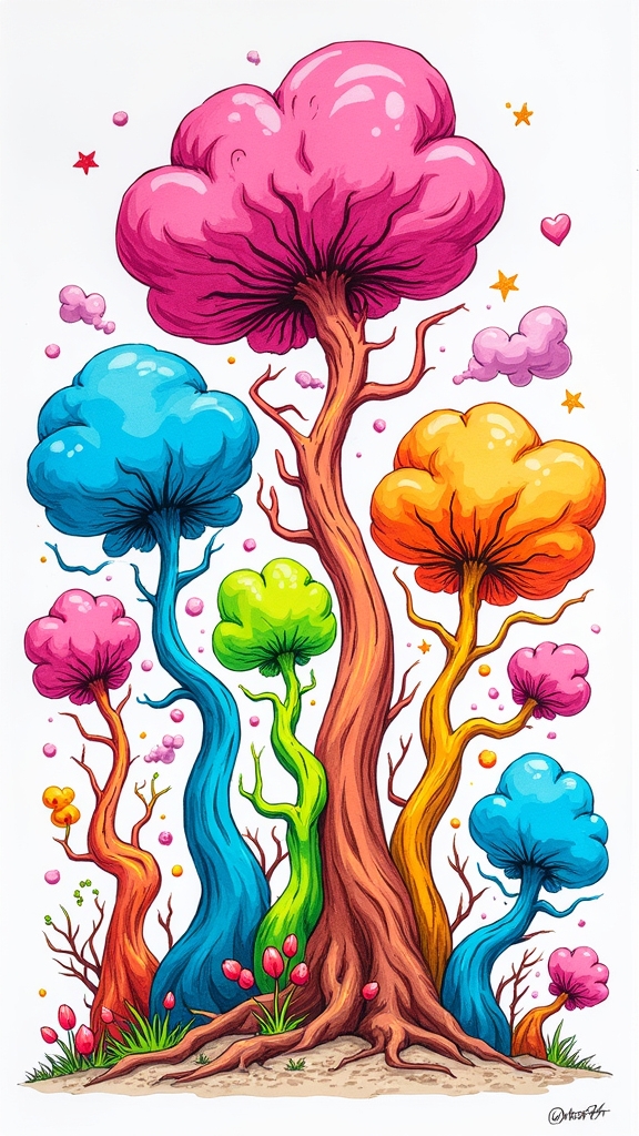 wacky colorful cartoon trees