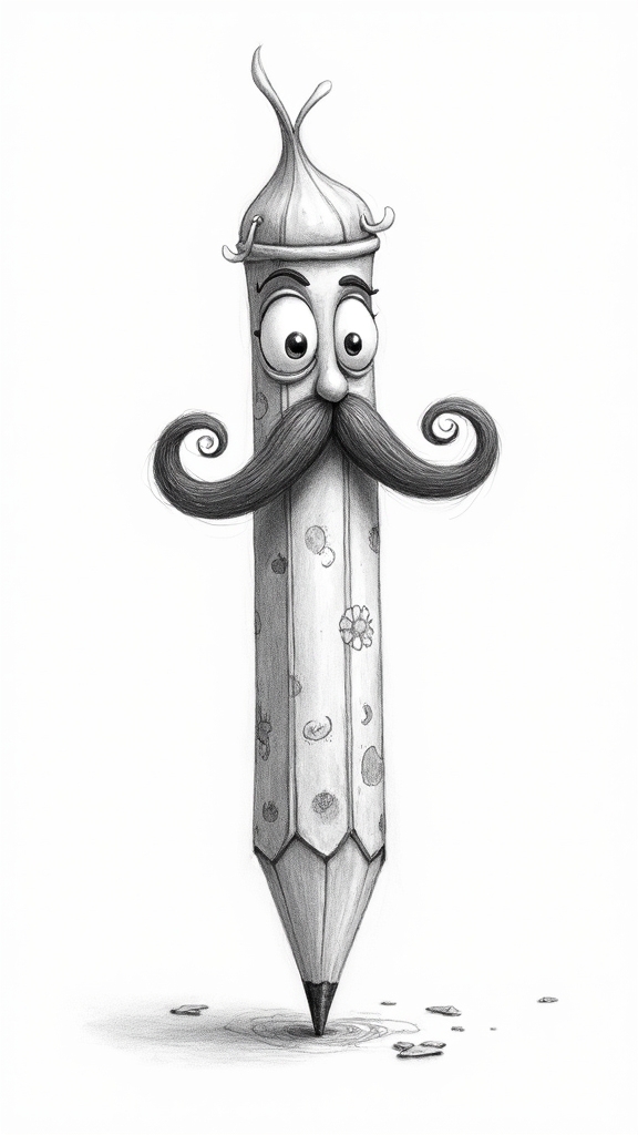 whimsical mustache pencil character